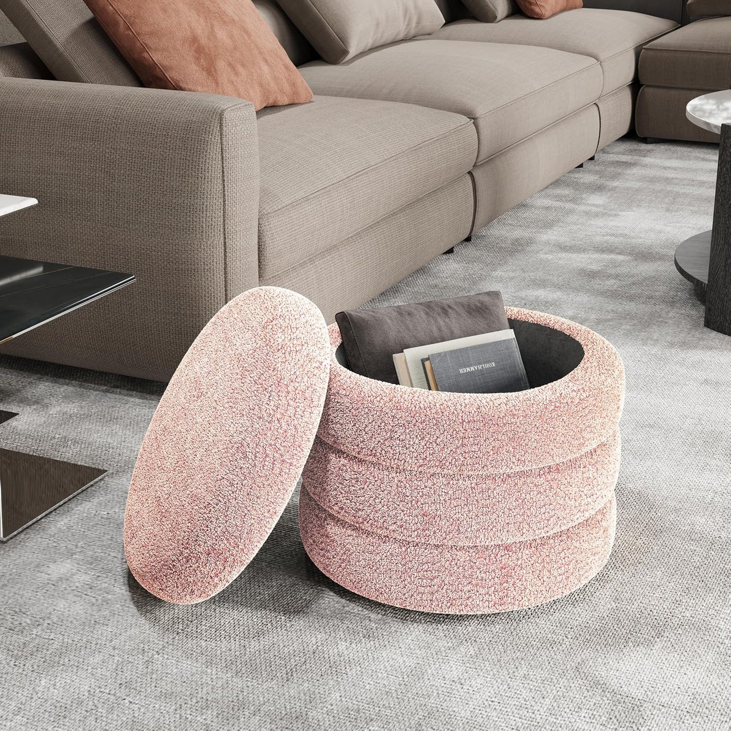 Storage Ottoman, Round Ottoman with Storage, Vanity Stool Foot Rest with Removable Lid, Round Boucle Upholstered for Living Room Pouf Footstool (Pink)