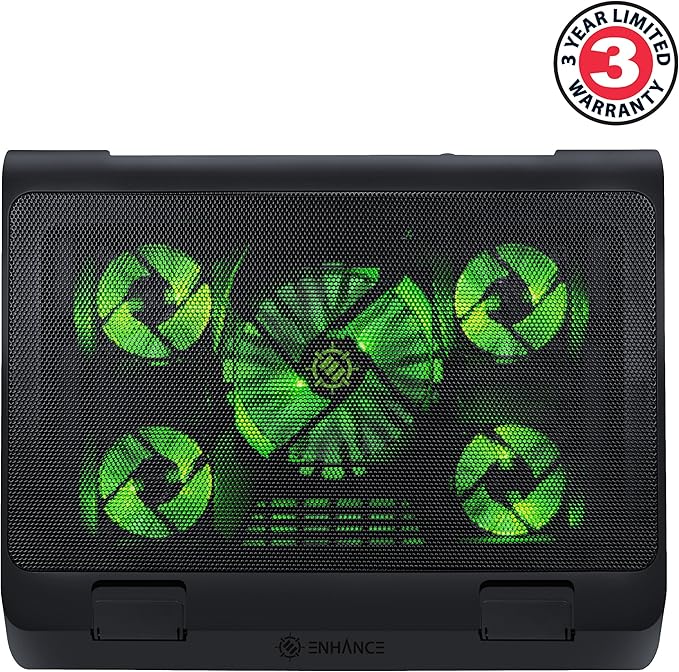 ENHANCE Gaming Laptop Cooling Pad Stand with LED Cooler Fans, Adjustable Height, & Dual USB Port for 17 inch Laptops - 5 Ultra Quiet High Performance Fans 2630 RPM & Built-in Bumpers - Green