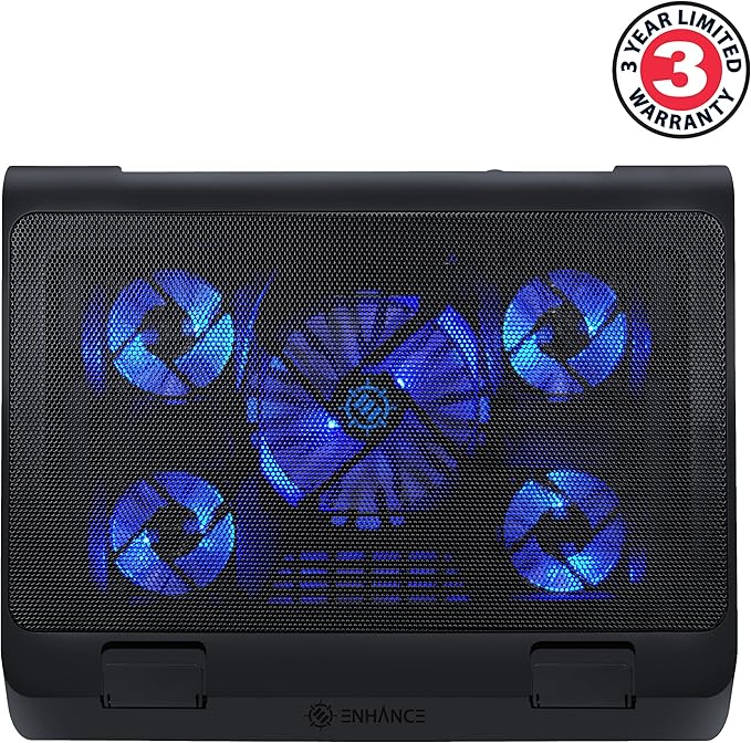 ENHANCE Gaming Laptop Cooling Pad Stand with LED Cooler Fans , Adjustable Height , & Dual USB Port for 17 inch Laptops - 5 Ultra Quiet High Performance Fans 2630 RPM & Built-In Bumpers - Blue